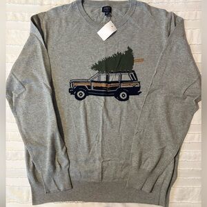 J. Crew Gray Crewneck Sweater with Car and Tree Design